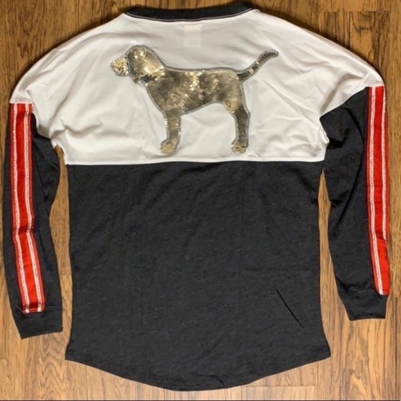 VS PINK Varsity Long Sleeve Top - Silver Bling - Picture 1 of 12